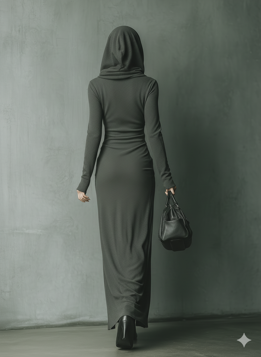 Vestido longo feminino de malha cinza-escuro com capuz e alta elasticidade