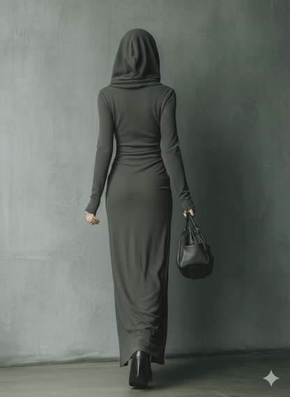 Vestido longo feminino de malha cinza-escuro com capuz e alta elasticidade
