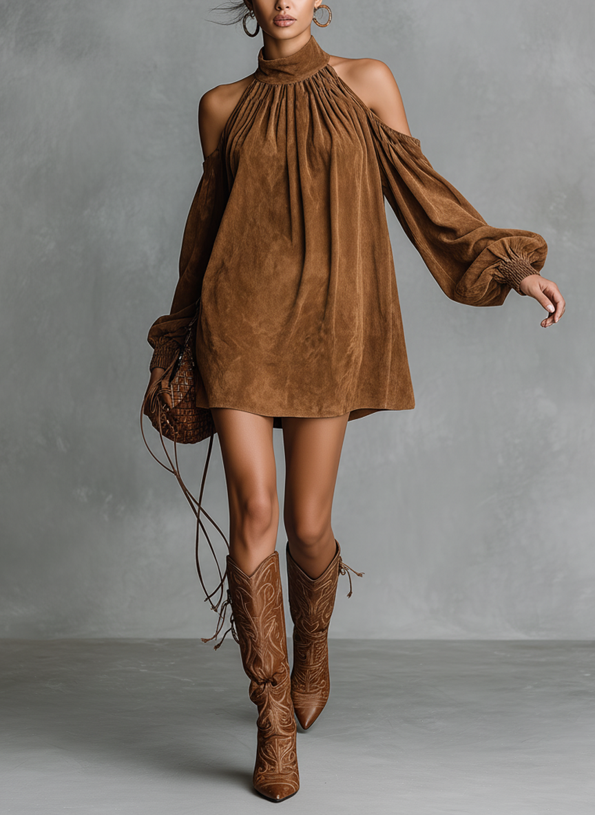Vestido feminino soltinho de camurça sintética, com gola frente única semidecote, gola alta e mangas lanterna, comprimento curto