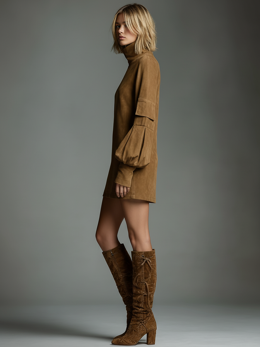 Women's Vintage Loose Suede Turtleneck Mini Dress