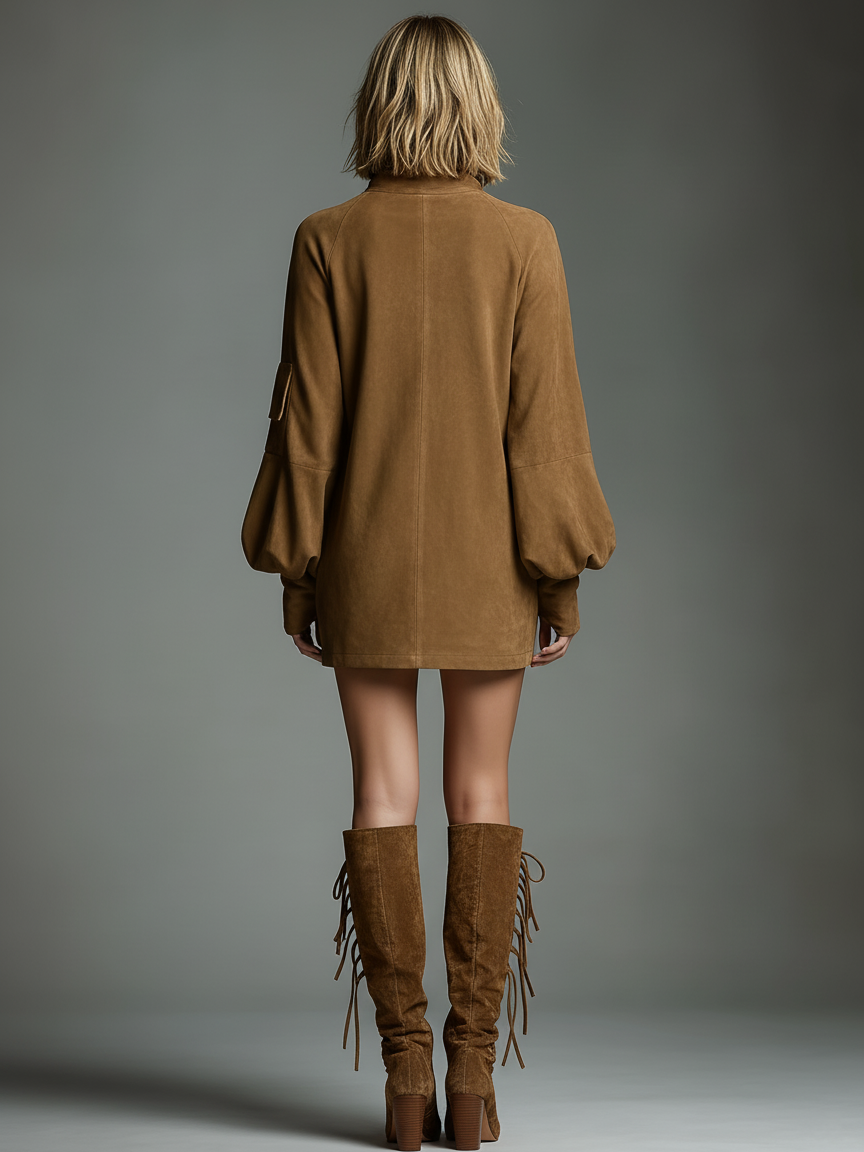 Women's Vintage Loose Suede Turtleneck Mini Dress