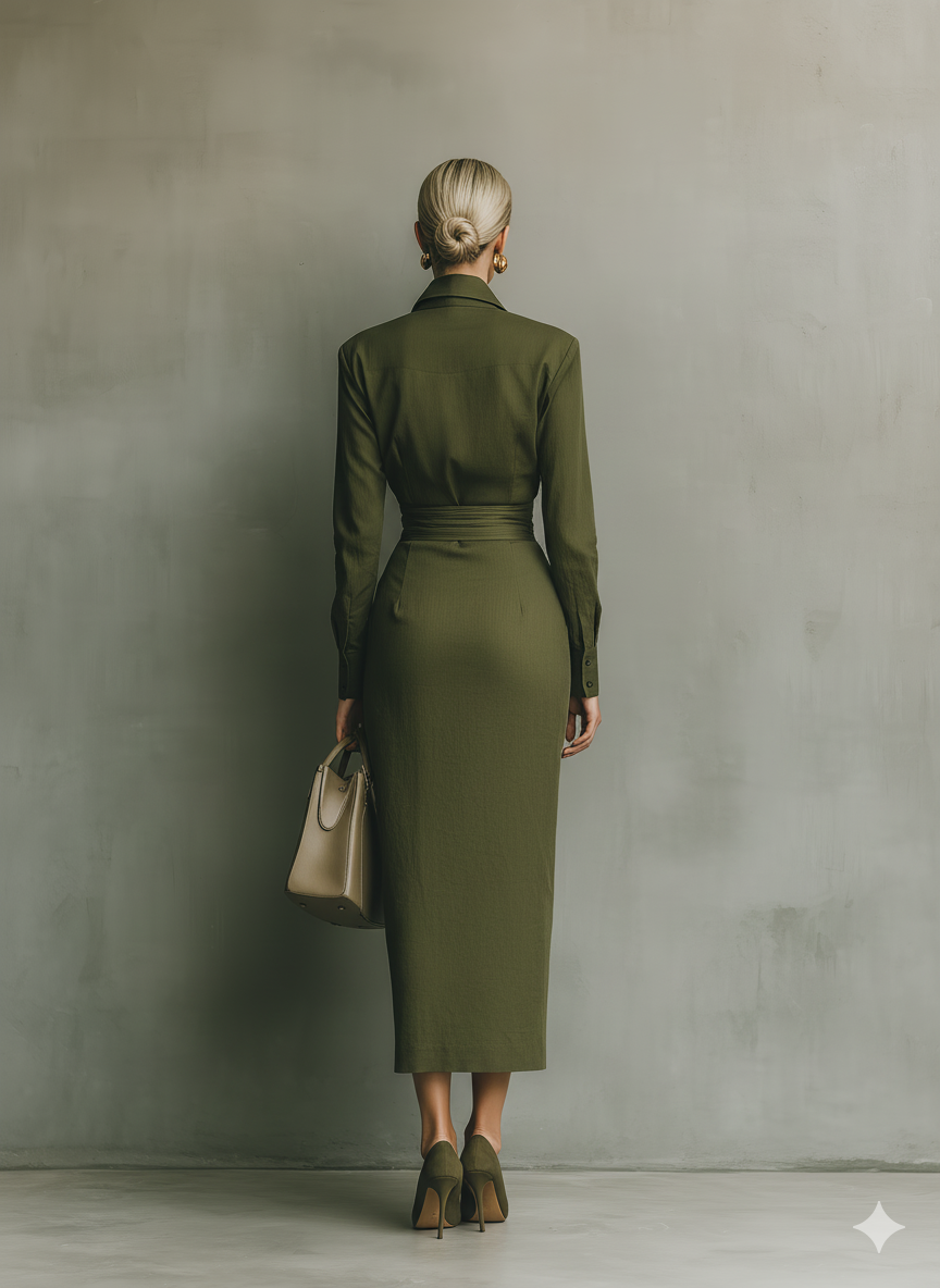 Vestido maxi feminino verde-oliva de algodão misto