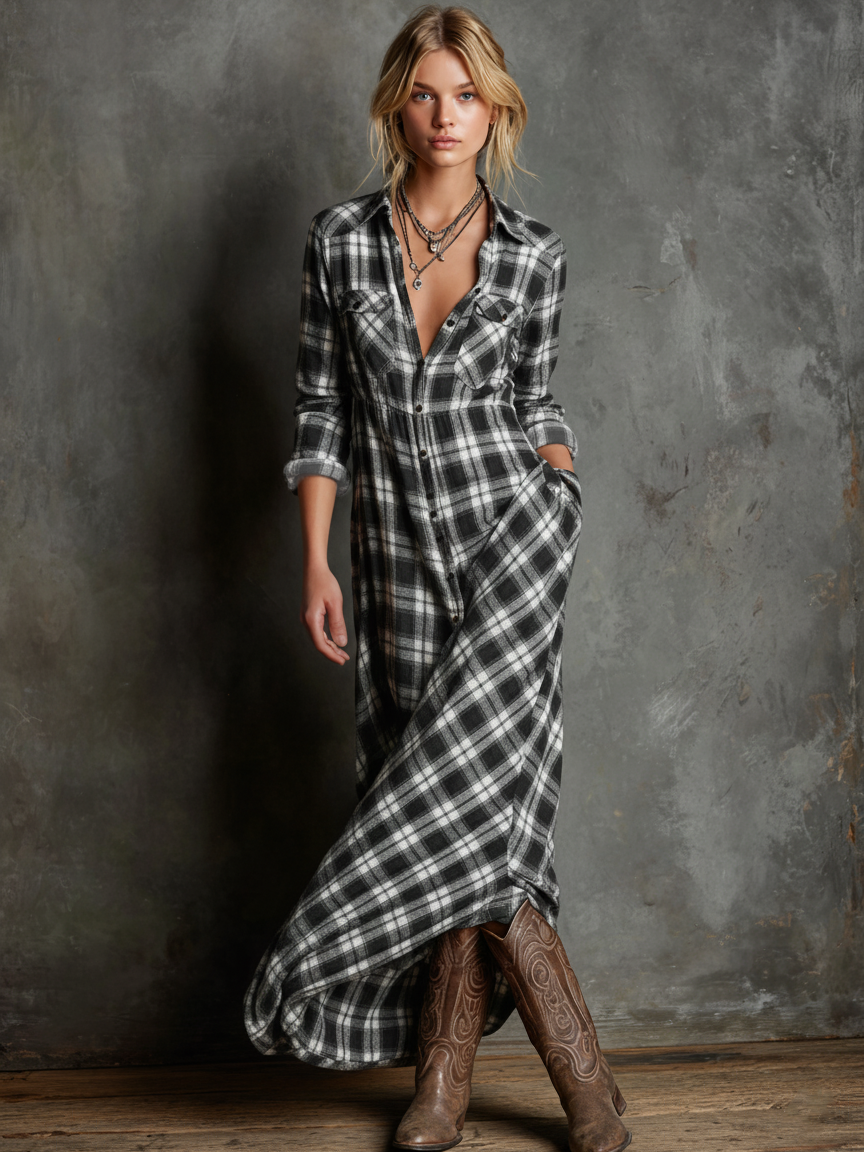 Vestido camisero largo de cuadros para mujer, con solapas y botonadura sencilla