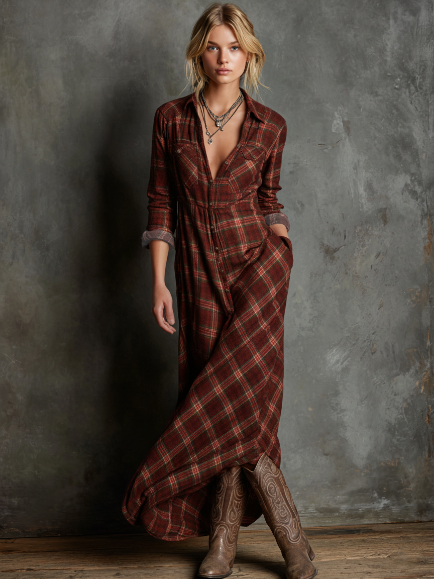 Vestido camisero largo de cuadros para mujer, con solapas y botonadura sencilla