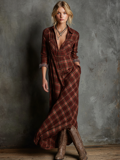 Vestido camisero largo de cuadros para mujer, con solapas y botonadura sencilla
