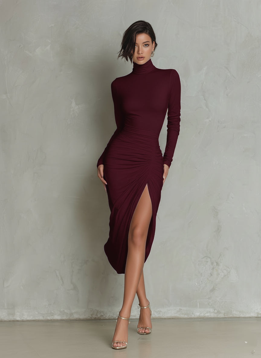 Women's Fashionable And Sexy White Slim-fitting Midi Dress With A High Neckline, Long Sleeves, And Ruched Waist And Hem