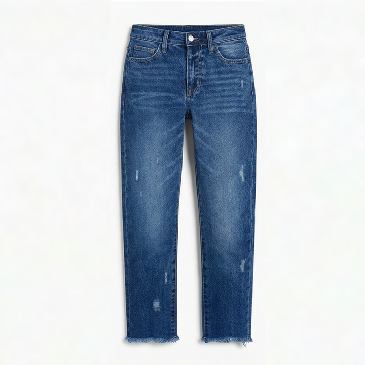Jeans rectos recortados con flecos estilo retro Jimena