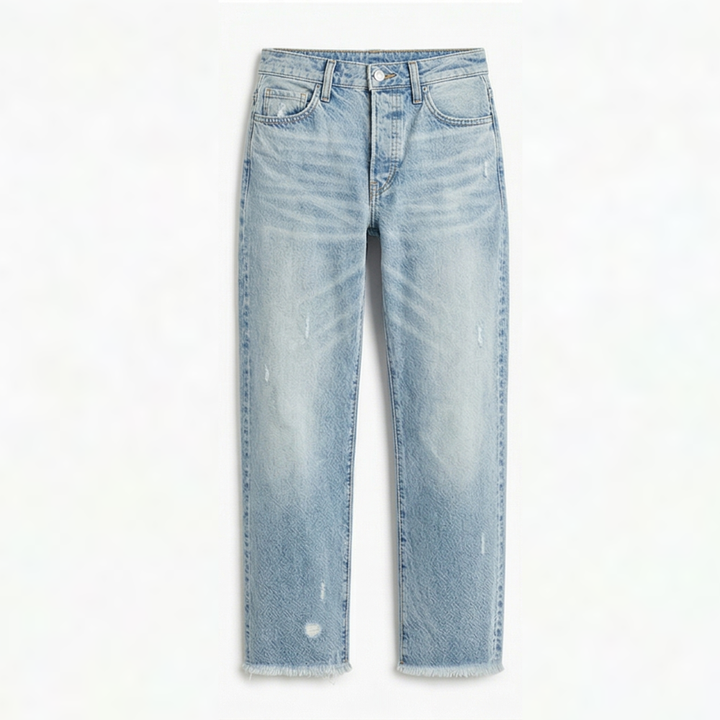 Jeans rectos recortados con flecos estilo retro Jimena