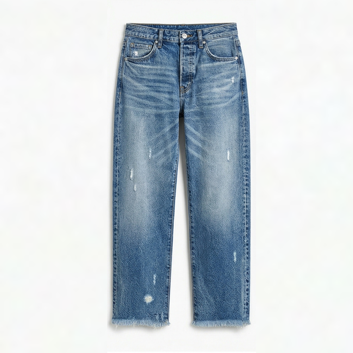 Jeans rectos recortados con flecos estilo retro Jimena