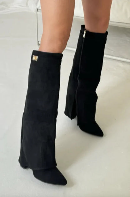 Botas altas para mujer hasta la rodilla con tacón grueso y ajuste elegante con hebilla en ante o cuero