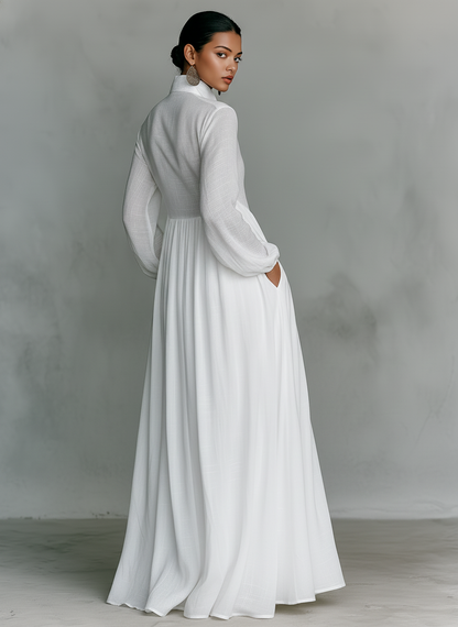 Minimalistisk maxi-kjole til kvinder i bomuld og hør med patchwork, enkeltknaplukning, ståkrave og lange ærmer