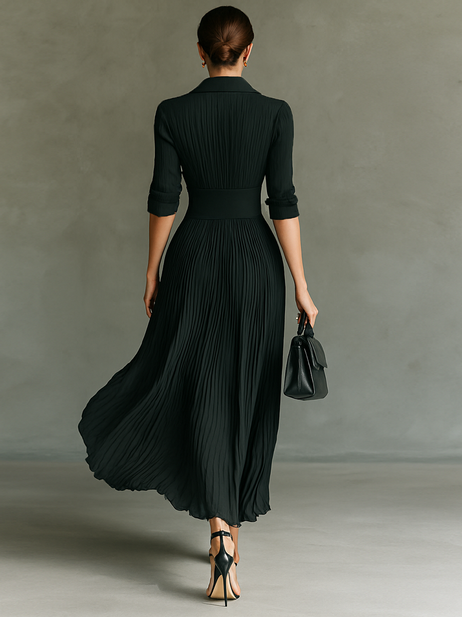 Vestido maxi feminino de cor sólida, com gola lapela, cintura plissada e mangas longas