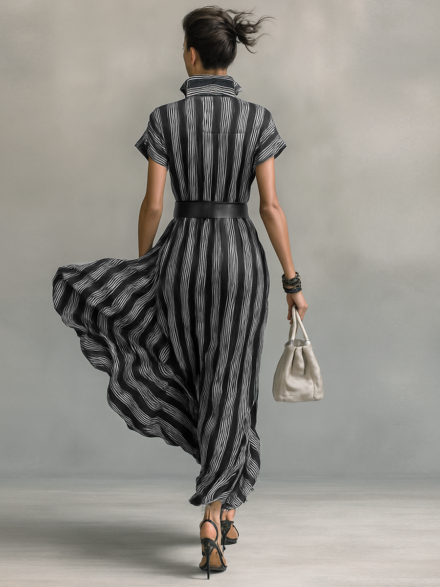 Vestido maxi feminino de chiffon listrado estampado, com gola de lapela e mangas curtas