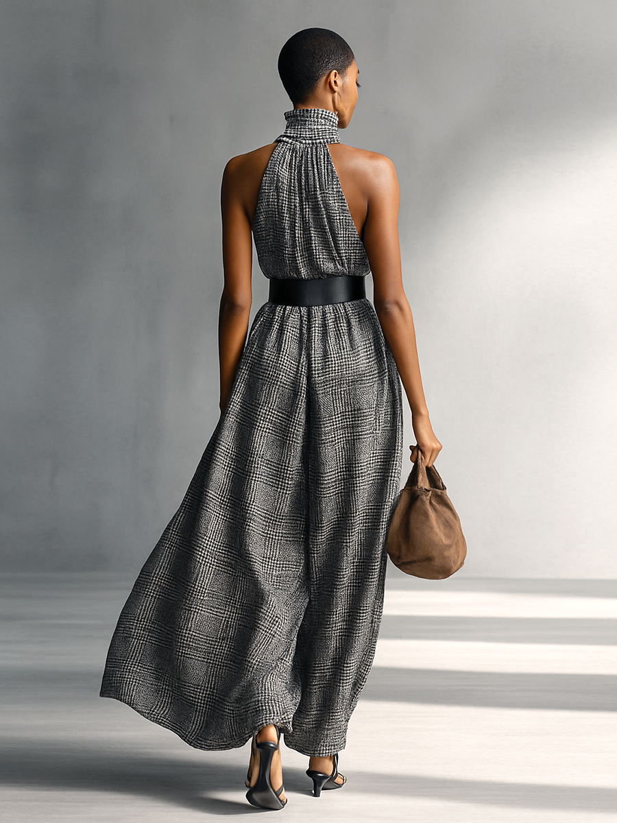 Damen-Maxikleid mit Karomuster, Stehkragen, ärmellos und Gürtel