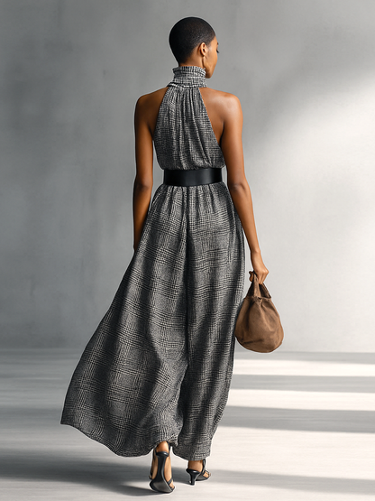Damen-Maxikleid mit Karomuster, Stehkragen, ärmellos und Gürtel