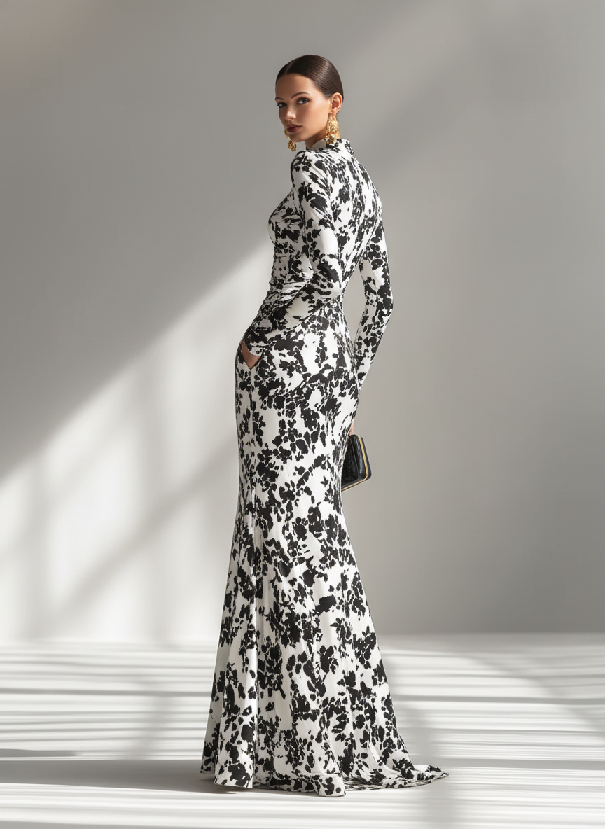 Women's Black And White Patterned Stretch Blend Wrap Dress