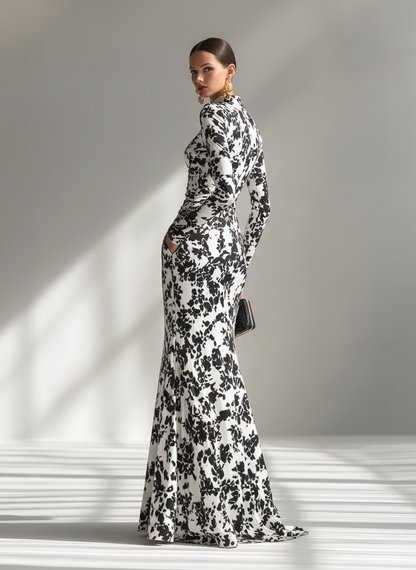 Women's Black And White Patterned Stretch Blend Wrap Dress
