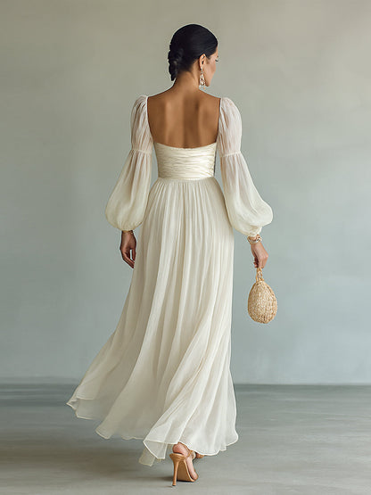Women's Chiffon Square Neck Long Sleeve Waist Maxi Dress