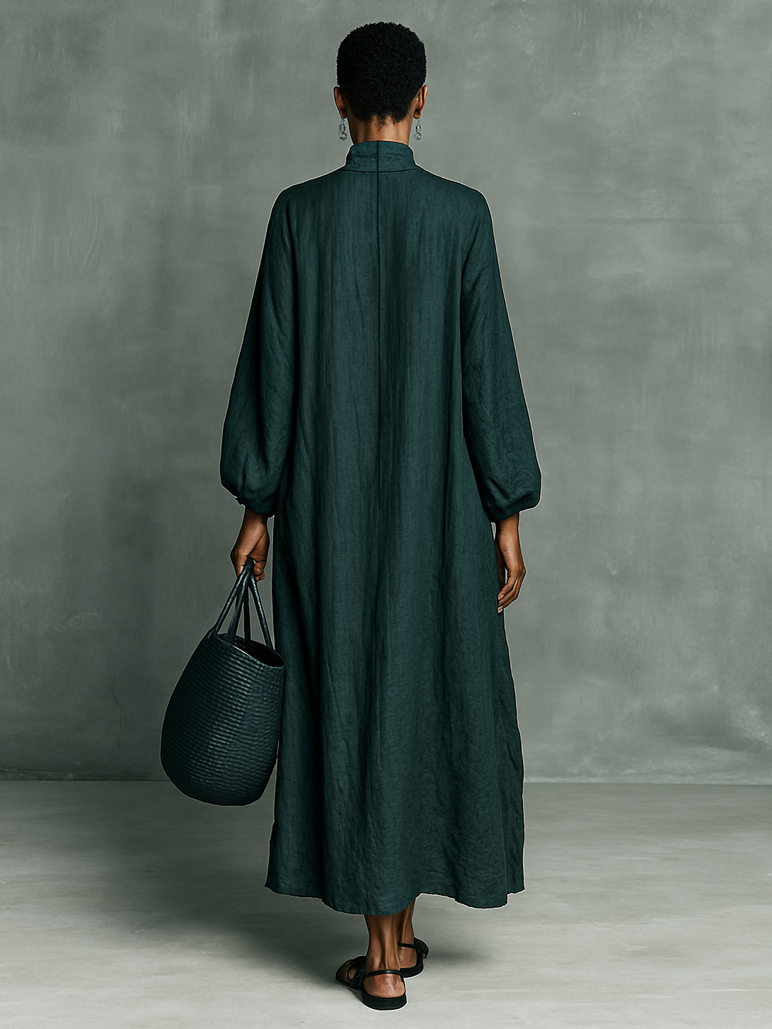 Vestido largo de mujer holgado, de mezcla de algodón y lino, con bordado en los hombros, cuello semialto y mangas largas
