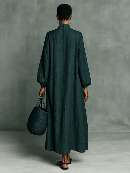 Vestido largo de mujer holgado, de mezcla de algodón y lino, con bordado en los hombros, cuello semialto y mangas largas