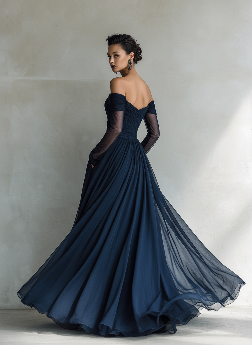 Elegant mørkeblå chiffon- og organzakjole til kvinder med bare skuldre, lange ærmer og figursyet maxilængde