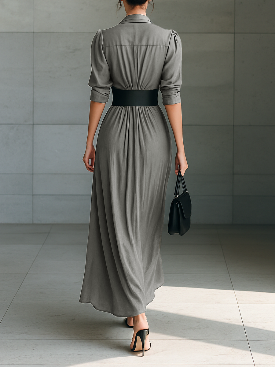 Vestido maxi feminino de manga longa, com lapela, abotoamento simples e cinto