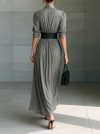 Vestido maxi feminino de manga longa, com lapela, abotoamento simples e cinto