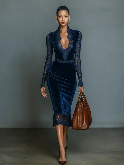 Women's Fashionable And Elegant Dark Blue Velvet Slim-fit V-neck Midi Dress With Lace Trim At The Neckline And Sleeves