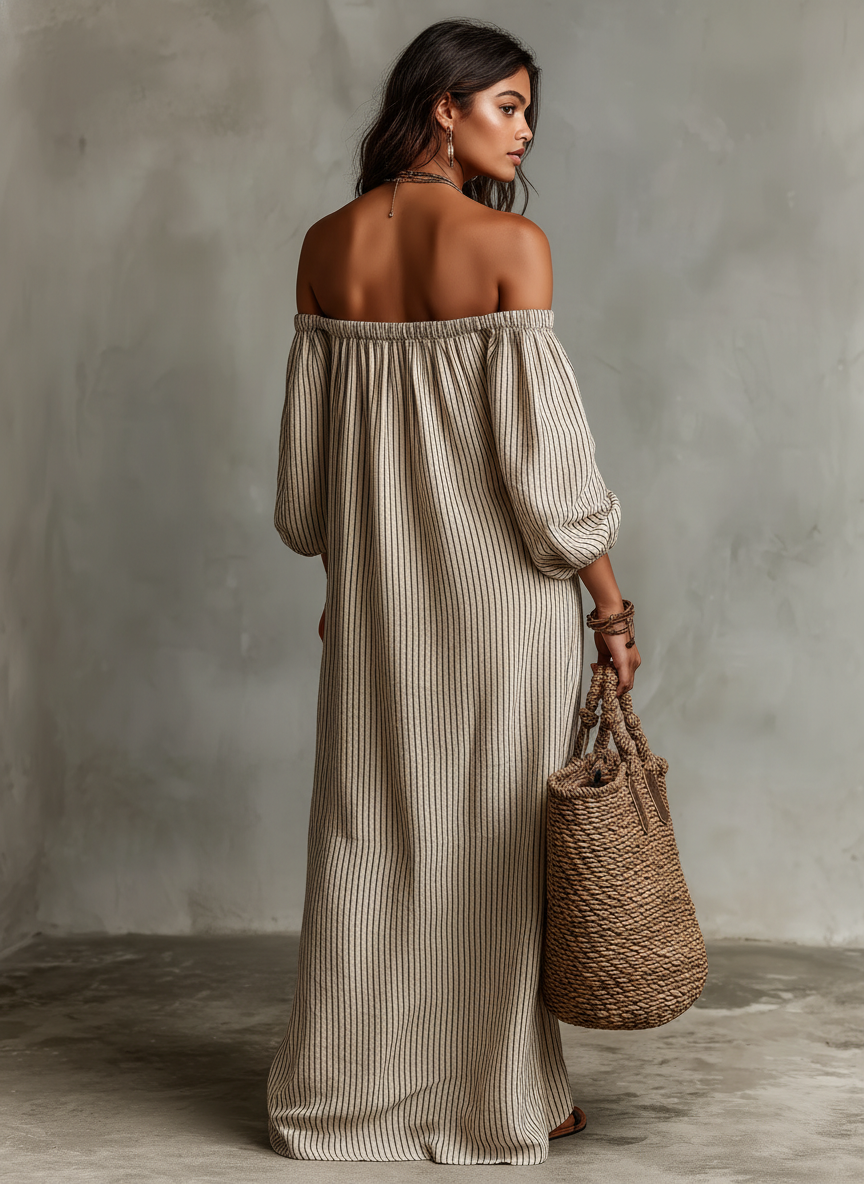 Women's Vacation Cotton-linen Blend Off-shoulder Long-sleeved Maxi Dress