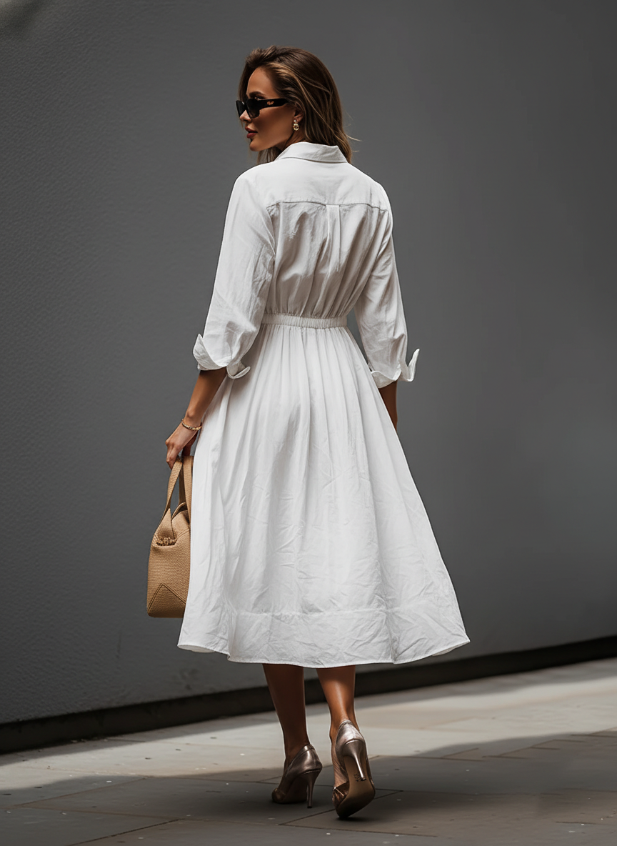 Weißes Leinenkleid für Damen mit Hemdkragen und elastischem Taillenbund – zeitloser, mühelos eleganter Stil