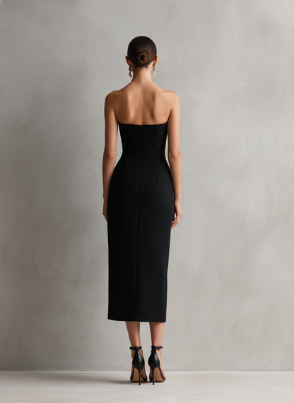 Vestido midi elegante negro entallado y elástico sin tirantes para mujer