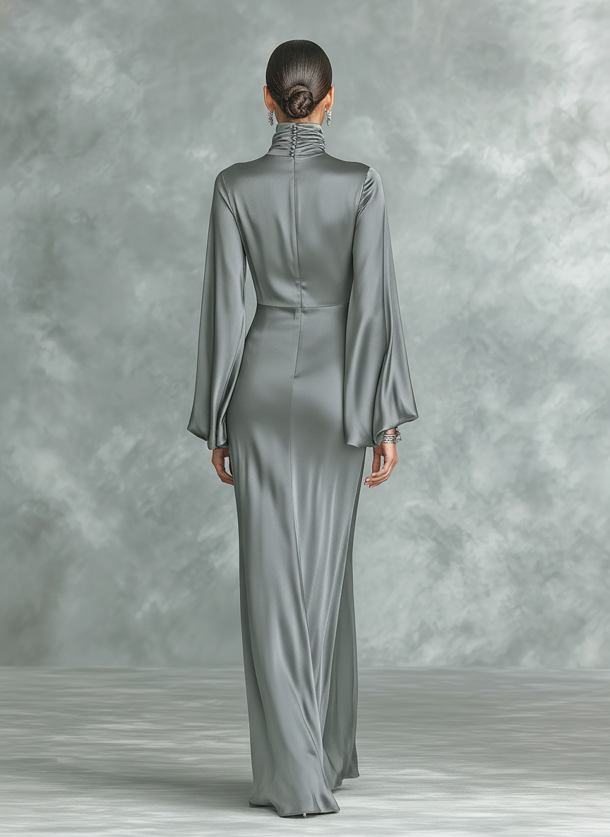 Vestido largo gris de satén, moderno, de cuello alto, manga larga y corte holgado para mujer