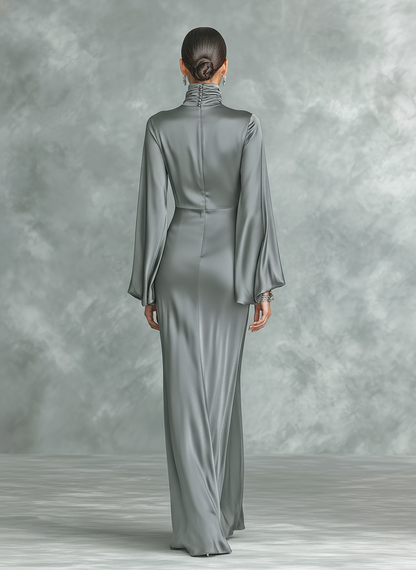 Vestido largo gris de satén, moderno, de cuello alto, manga larga y corte holgado para mujer