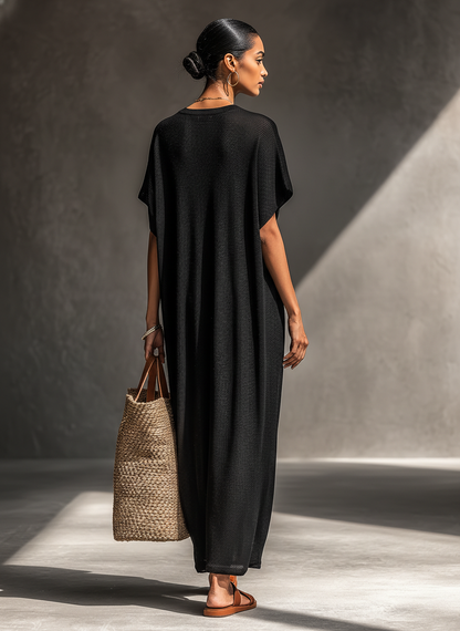 Vestido longo feminino minimalista de malha transparente com mangas curtas