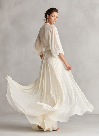 Women's Ivory Sheer Chiffon Dress With Puff Sleeves & Wrap Detail, Timeless Romantic-Luxe Style Dress