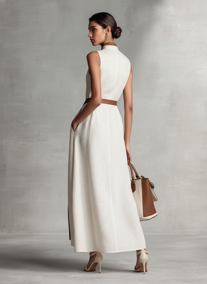 Vestido largo de algodón y lino para mujer, sin mangas, con escote en V y cintura ajustable con lazo