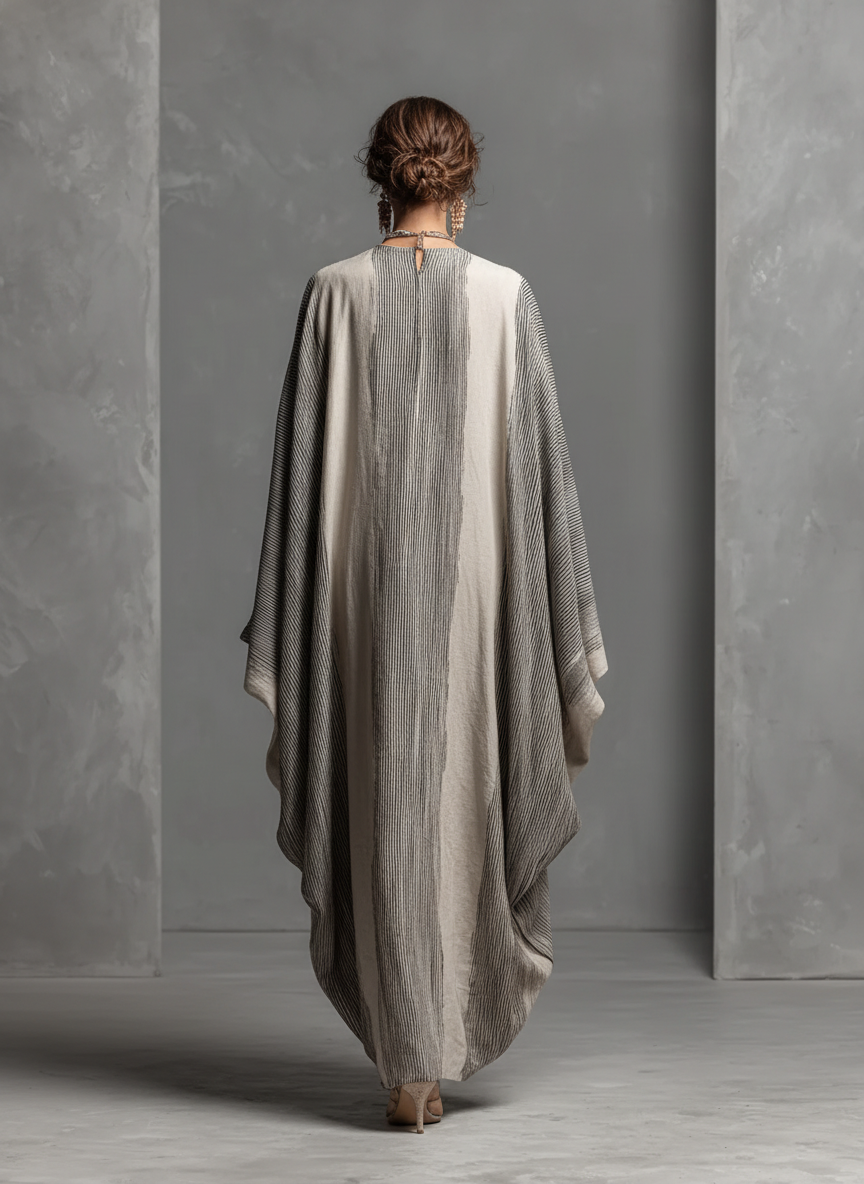 Vestido longo tipo kaftan feminino oversized, listrado, de algodão e linho, com decote em V e estilo boho