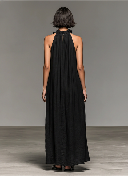 Vestido largo sin mangas minimalista para mujer, mezcla de lino, con detalles de volantes MDZ1622A0Y