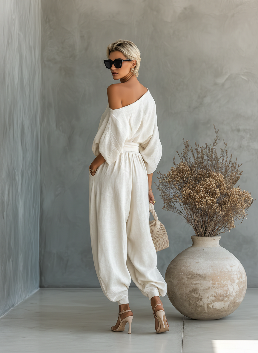 Lisa | Blødt off-shoulder sæt med top og tilspidsede bukser