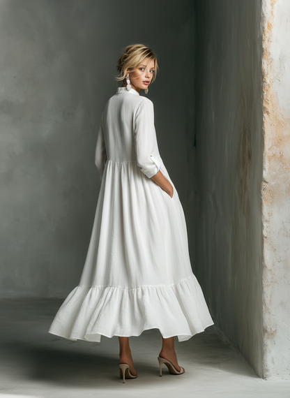 Weißes langärmeliges Maxikleid für Damen mit Rüschen