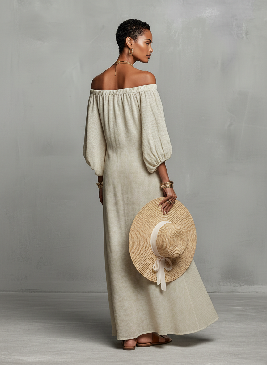 Women's Minimalist Off-the-shoulder Three-quarter Sleeve Embroidered Maxi Dress