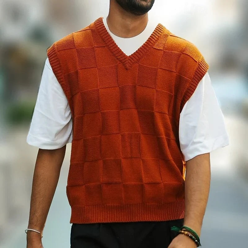 Men's Knitted Sweater Vest Textured V-Neck Design