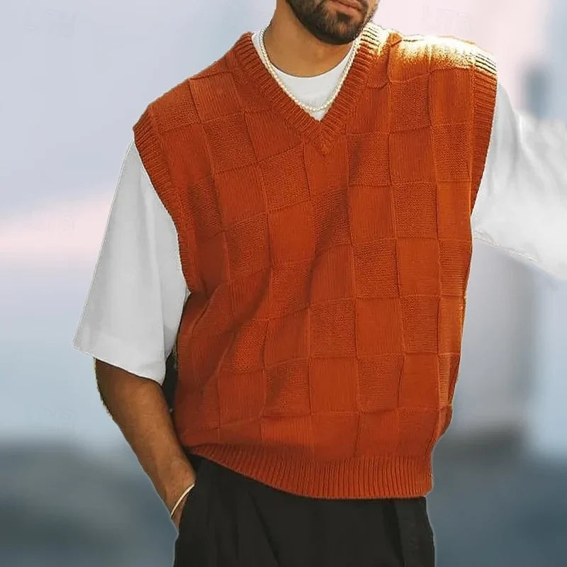 Men's Knitted Sweater Vest Textured V-Neck Design