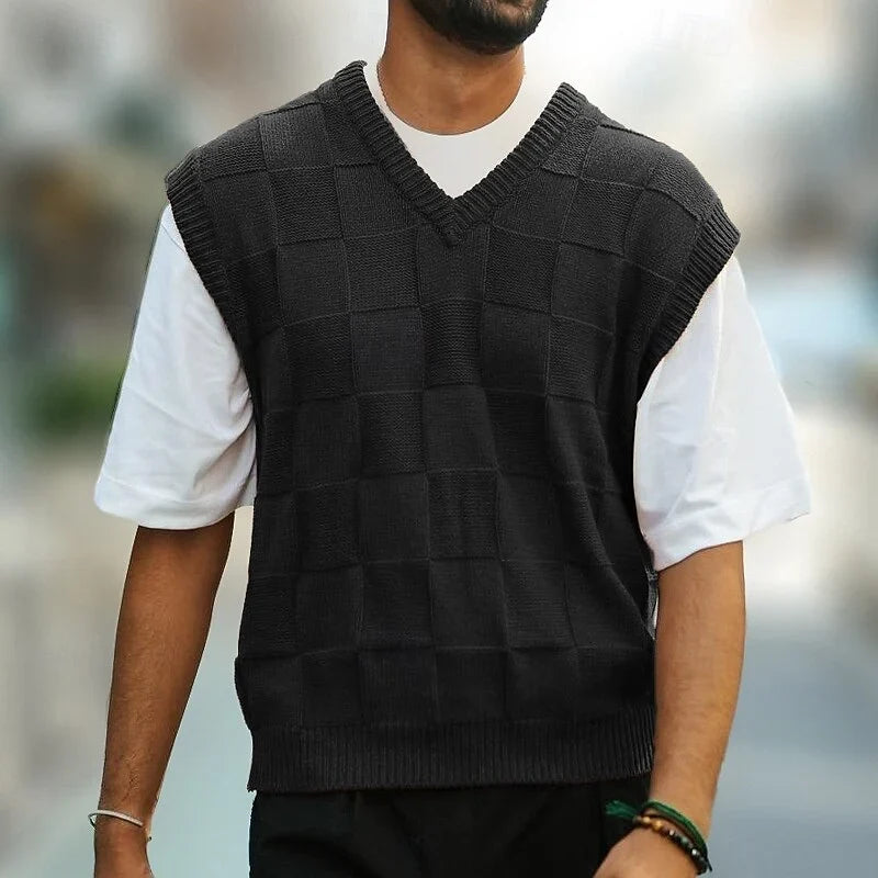 Men's Knitted Sweater Vest Textured V-Neck Design