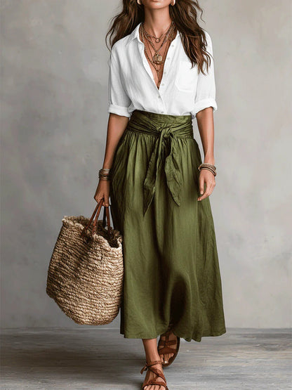 River | Black Button Shirt & Olive Midi Skirt Two-Piece Set