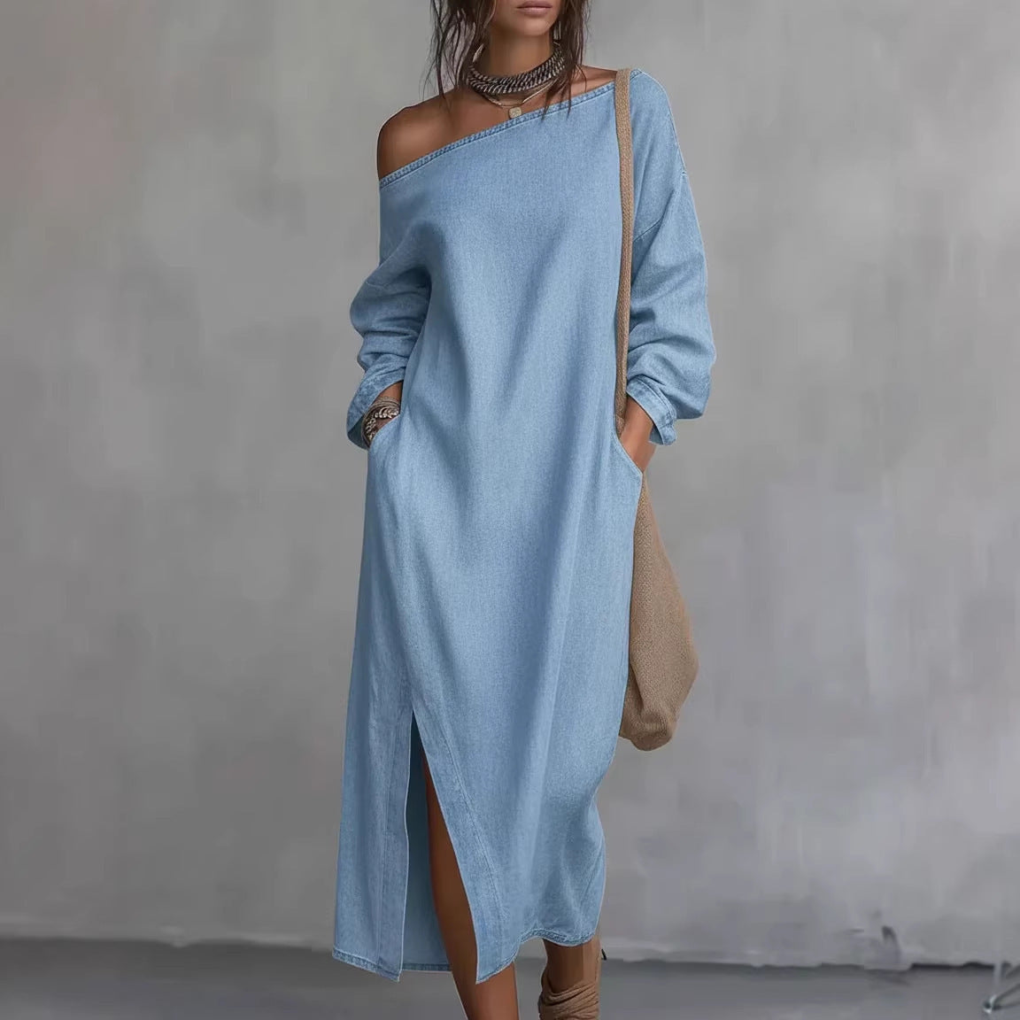 Loose-fitting One Shoulder Split Hem Cotton Linen Midi Dress