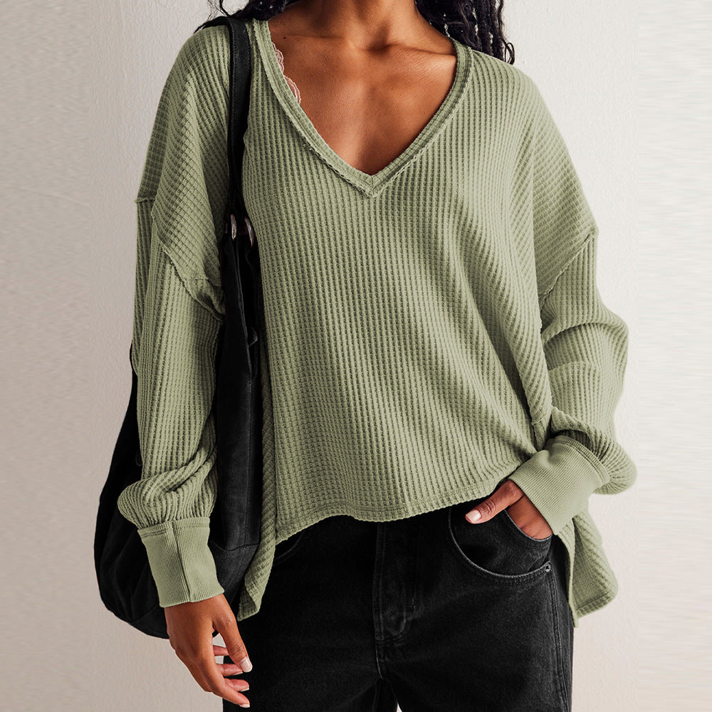 NORA™ - Blusa de punto waffle para mujer con cuello en V, manga farol y corte oversize
