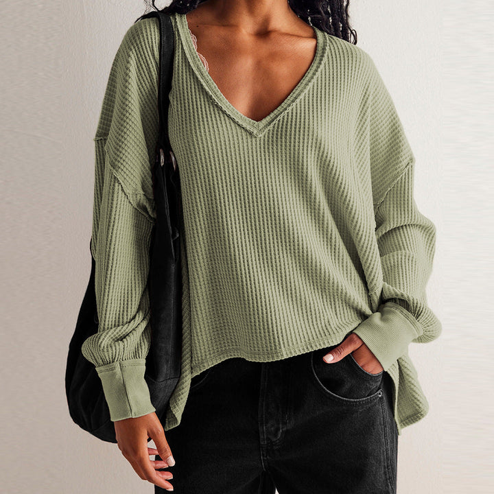 NORA™ - Blusa de punto waffle para mujer con cuello en V, manga farol y corte oversize