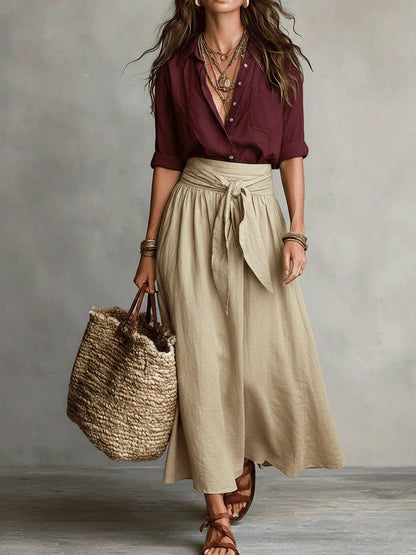 River | Black Button Shirt & Olive Midi Skirt Two-Piece Set