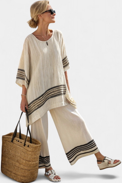 Harlowe | Elegantes Leinenoberteil mit schwarzen Streifen und fließender Hose